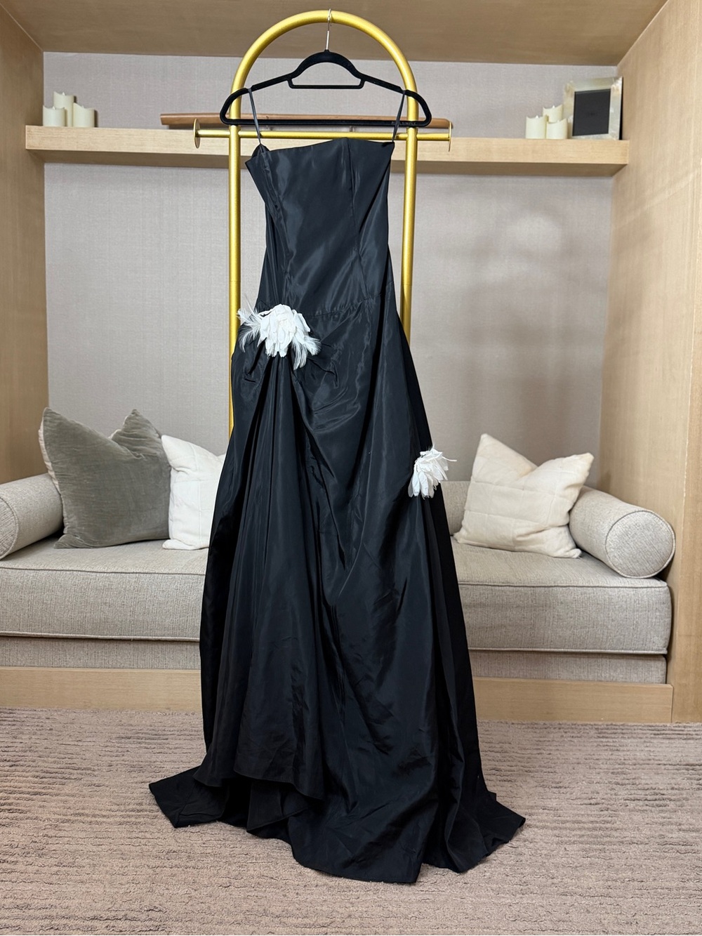 Jessica McClintock Black Strapless Evening Gown with White Floral Appliqués
